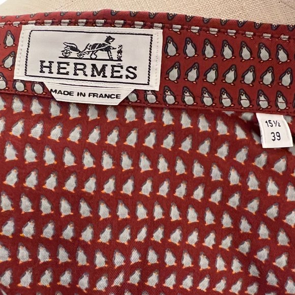 Hermes Penguin Imprinted Fitted Cotton Shirt 15 1/2 39 Blackcurrant France NWT - Picture 5 of 10